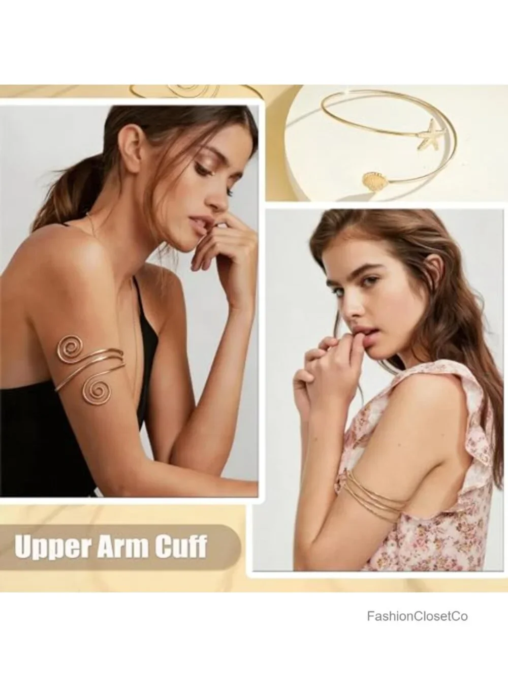 6 Piece Open Cuff Upper Arm Bracelet Set - Gold Tone Alloy Adjustable